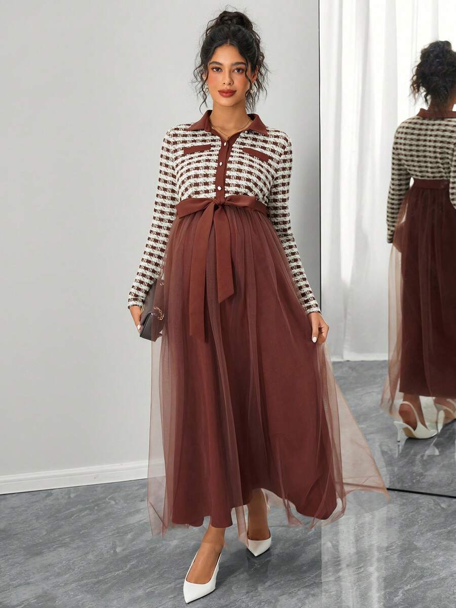 SHEIN Elegant Maternity Commuter Dress With Mesh Patchwork And Houndstooth Pattern