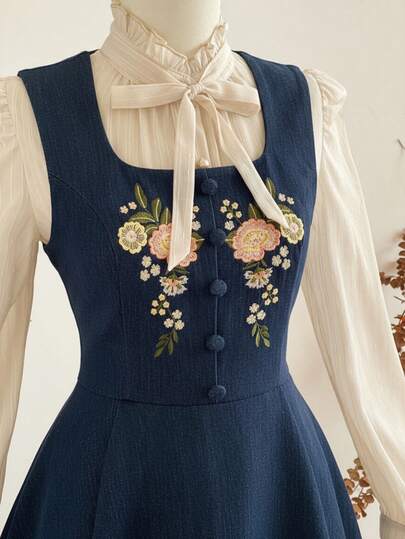 Vintamour Vintage Elegant Women Embroidered Pocket Sleeveless Dress Casual Holiday Mini Dress With Buttons Winter Dress Winter Clothes For Women Women's Winter Dress Christmas Outfit For Women Christmas Dress New Year Dress Women's New Year's Eve Dresses New Year Outfit New Year's Outfit For Women New Year Clothes Elegant Dresses For Women Elegant Dress For Women Blue Dress Embroidered Dress Vintage Style Dress Tea Party Dress Cottagecore Dress