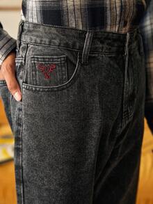 Quần jeans nam ống đứng màu xanh nhạt đã qua xử lý, quần jeans nam dáng rộng, phong cách retro Y2K, đơn giản và dễ phối đồ, thích hợp cho mùa xuân đến hè. - Màu xám đen - Xem 5