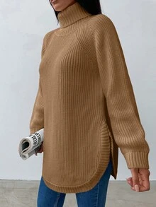 EURMUSE 女式纯色简约高领长袖毛衣 - 駝色 - 查看 3