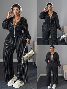 Maweii 2 Stücke/Set Damen Große Größen Schwarz Kapuzen-Sweatshirt mit Kordelzug und weite Hose, Metallic glänzender Stoff, modisches lässiges Streetwear Outfit, Frühling/Herbst/Winter - Schwarz - Übersicht 2
