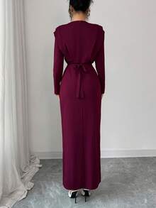 Elenzga Women's Elegant Burgundy Long Sleeve Dress,Autumn Ruffle Shoulder Solid Color With Metal Buckle Belt,For Casual,Commute,Vacation,Dining,Formal Parties - Maroon - View 2
