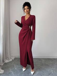 Elenzga Đầm Maxi Thanh Lịch Cổ Chữ V Tay Dài Xếp Ly Thiết Kế Kim Loại Trang Trí Đơn Sắc Cho Nữ - Màu Đỏ Sâu - Xem 5