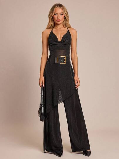 Glamine Mono brillante con cuello drapeado asimétrico para fiesta, mono de moda negro para otoño/invierno