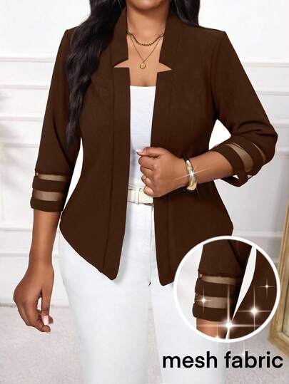 SHEIN Lady Nueva chaqueta de mujer de talla grande elegante y casual con parches de malla en color marrón para otoño/invierno, para mujeres en Navidad, Año Nuevo, ocasiones casuales, elegantes y formales. Colección de estilo sofisticado.
