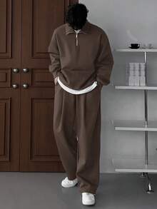 DAZY 男士撞色抓绒运动套装，秋冬季 - 棕色 - 查看 5
