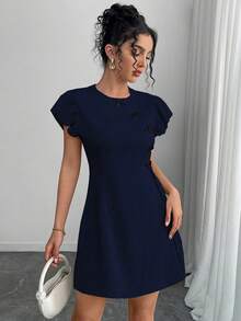 SHEIN Unity Retro Chinese Style Button Decor Cap Sleeve Short Dress - Navy Blue - View 5