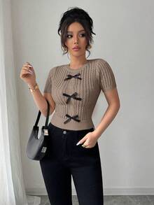 Elenzga Women's Hollow Out Soft Rope Knit Bow Decor Pullover Top, Suitable For Beach - Khaki - View 4