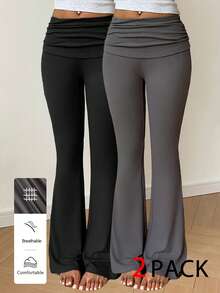 Flirla Women's Solid Color Ruched Waist Yoga Fabric Flare Leggings - Multicolor - View 1