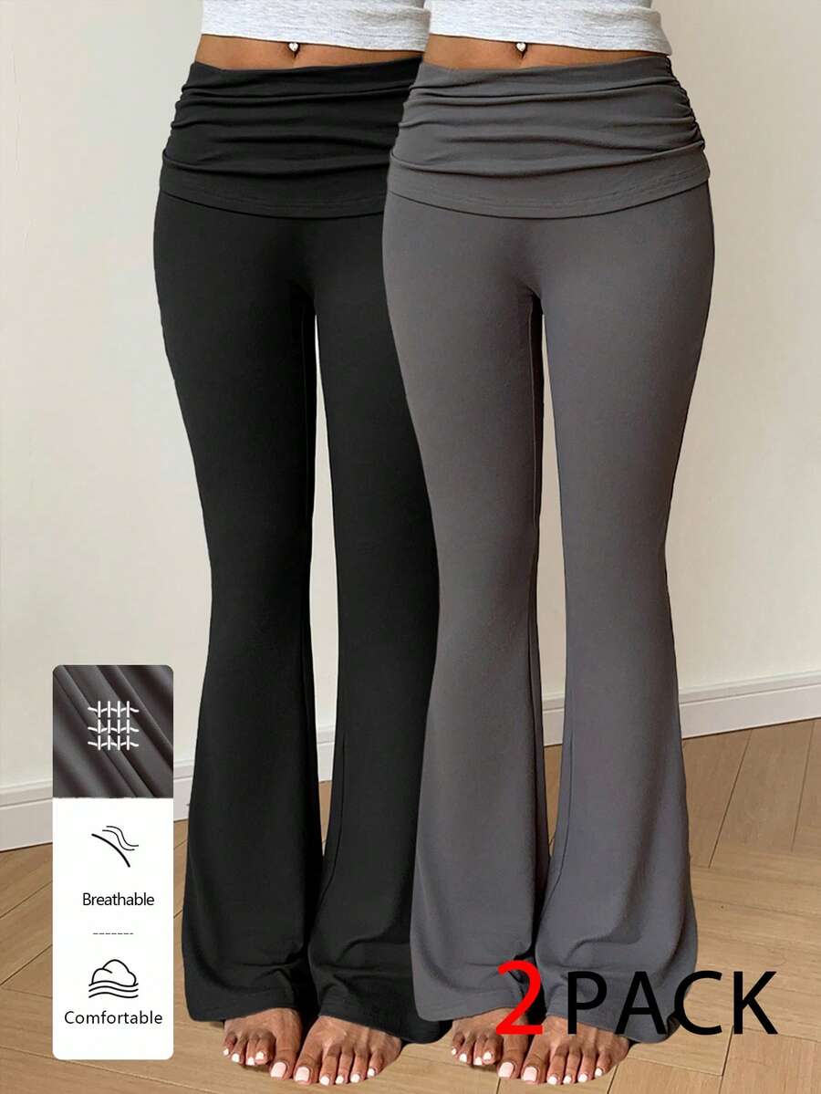 Flirla Women's Solid Color Ruched Waist Yoga Fabric Flare Leggings - Multicolor - View 1