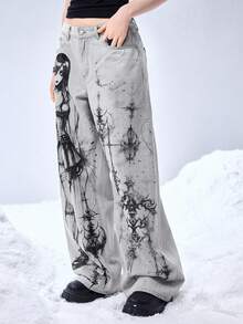 ROMWE EDITION Cyber Symbol & Cartoon Portrait Graphic Print Loose Wide-Leg Jeans - Blue - View 5