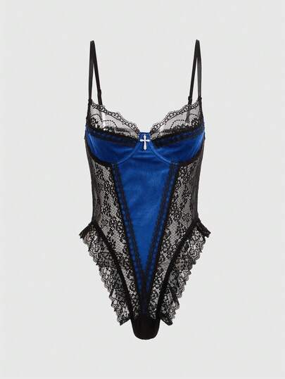 Gothic Cross Decor Velvet & Contrast Lace Underwire Bodysuit