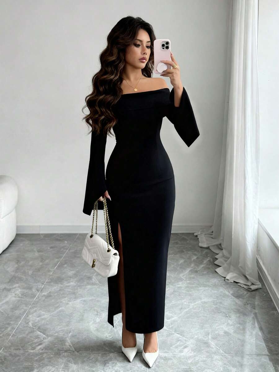 Elenzga Slit Off-Shoulder Long Sleeve Fitted Elegant Party Dress For Women, Autumn/Winter - Black - View 1