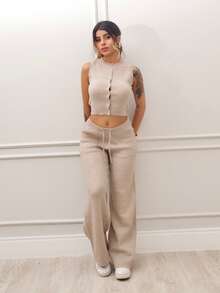 Rayane Ketlyn Knitted Button Through Sweater Vest Spring Y2K 90's Casual Cute Airport Holiday Summer Fall Back To School Autumn Winter Everyday Christmas Work Office Party - Khaki - View 4