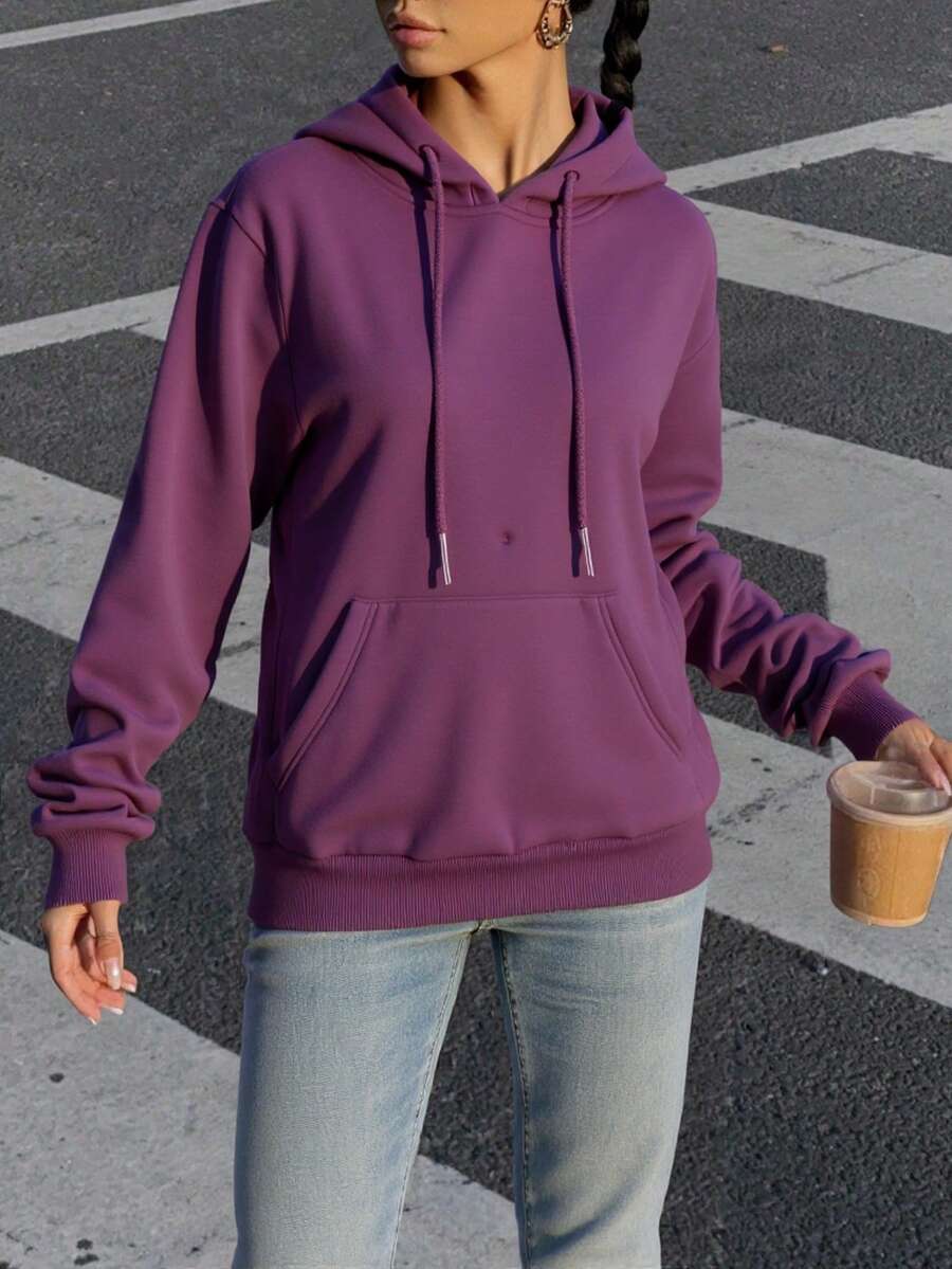 Elegante suéter con capucha para mujeres - bolsillo con capucha de extracción de cuerda, opcional en varios colores, adecuado para desplazamientos, vacaciones, uso universitario - Morado oscuro - Ver 1