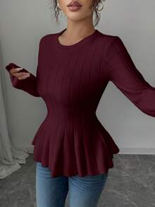 Elenzga Suéter elegante de mujer de cuello redondo ajustado, corte evasé, manga larga, unicolor, otoño - Burdeos - Ver 7