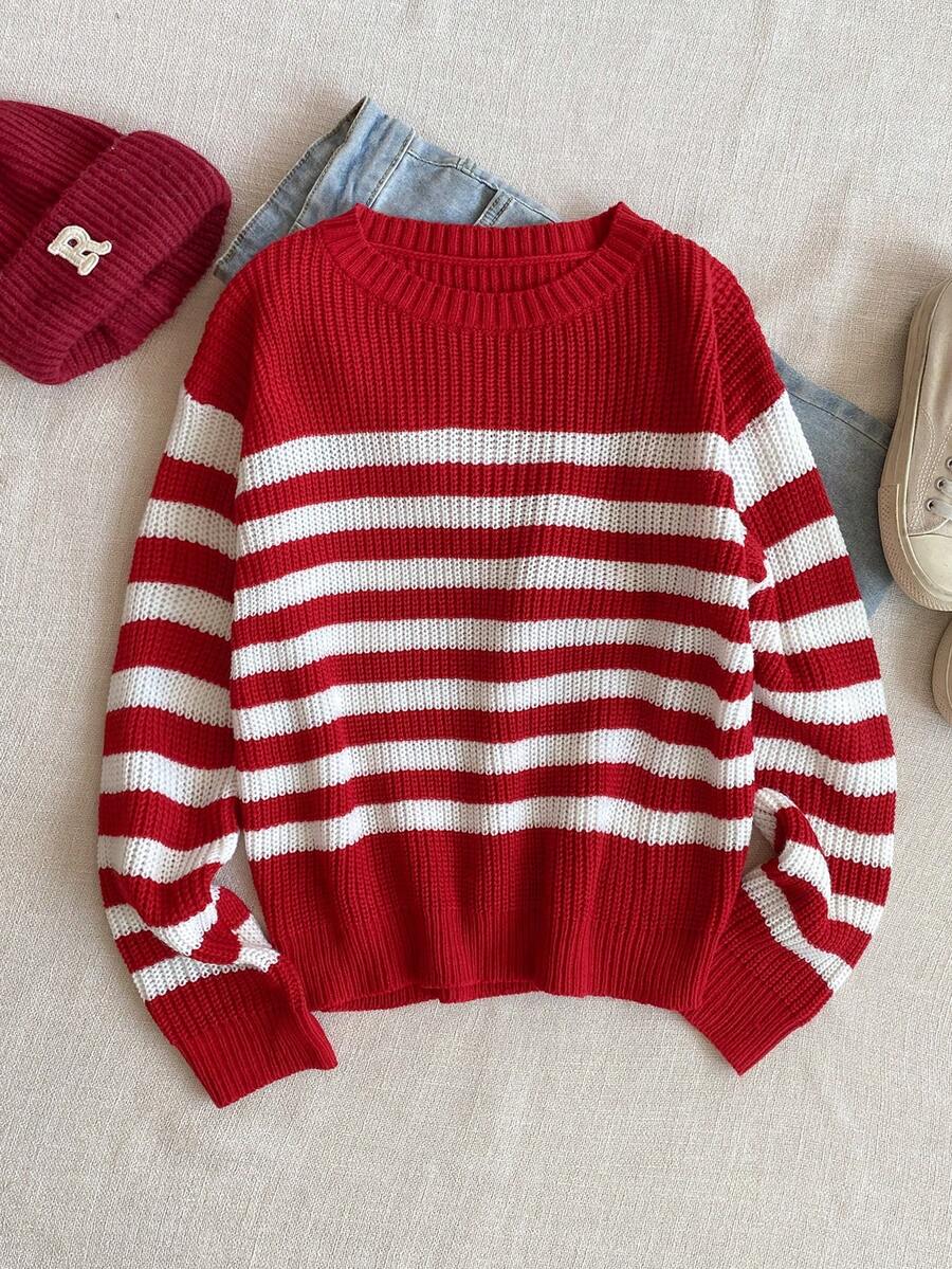 PrepCrw 1pc Tween Girls Red And White Stripe Pullover Sweater,Elegant Crew Neck Warm Comfortable Knitwear For School,Autumn,Casual Outings,Christmas Parties - Red and White - View 1