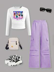 Sparklyn 2pcs/Set KPOP Girl Group Print Top & Fashionable Digital Print Straight Leg Cargo Pants Set, Stylish Casual Streetwear - Multicolor - View 3