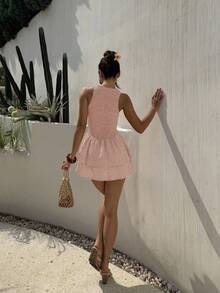 Sunnyshic 蓝色格子无袖紧身迷你连衣裙，甜美法式度假风，春夏季 - 藕粉色 - 查看 2