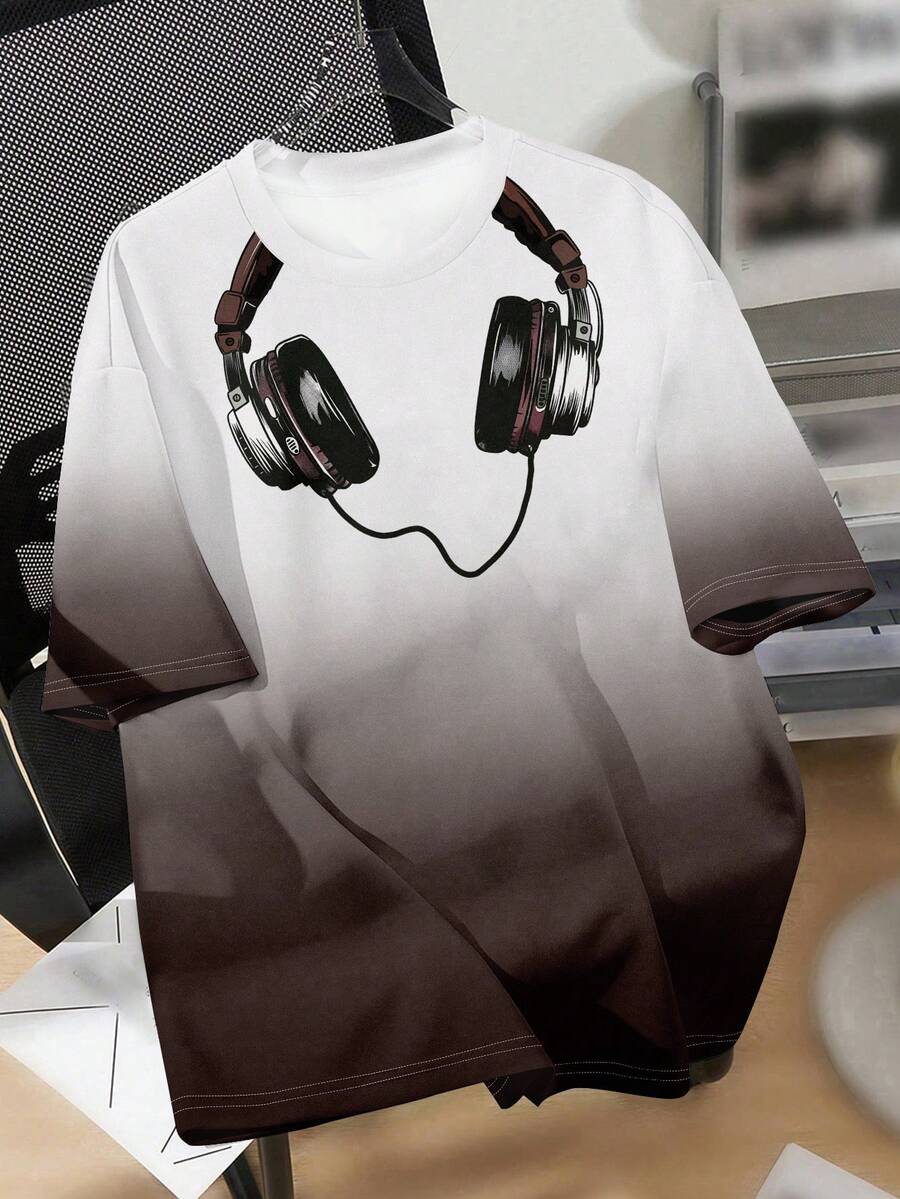 Teen Boy Casual Stylish Gradient Color, Cool Metallic Esports Gaming Wired Headphone Graphic Print Round Neck Short Sleeve T-Shirt, Suitable For Summer