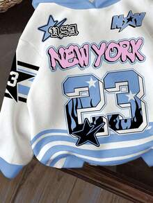 SHEIN Leap Crew 少女撞色街头风卫衣，23数字字母印花图案，舒适厚实柔软宽松套头衫，适合日常休闲穿着、街头风、上学、度假、秋冬季节。 - 彩色 - 查看 3