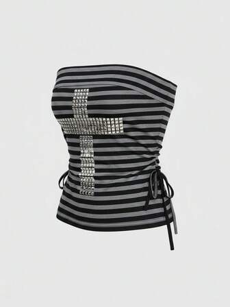 J-Fashion ملابس علوية نسائي قصير بدون أكتاف مزين بشرائط وأحجار الراين على شكل صليب من طراز Y2K مع رباط للسحب