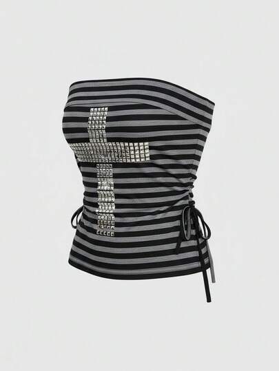 J-Fashion Top corto de mujer con cordón, abertura y estampado de rayas con tachuelas y cristales en estilo Y2K