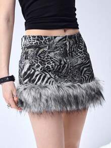 ROMWE EDITION Y2K Vintage Zebra & Leopard Print Patchwork Fuzzy Super Low Waist Super Short Denim Mini Skirt - Black and White - View 4