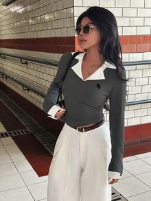 INAWLY 女士骑士刺绣撞色翻领长袖罗纹修身上衣 - 深灰色 - 查看 7