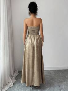 SHEIN Elenzya 女士优雅金箔正式礼服，派对无肩带长裙，秋冬款 - 金色 - 查看 2