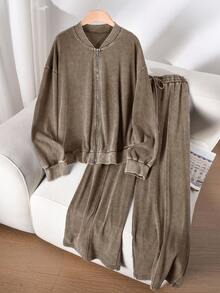 CosyJoli Plus Size Casual Washed Snow Flake Zip-Up Jacket And Relaxed Fit Pants Set, Winter Clothes For Women - Khaki - View 3