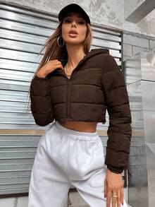 SHEIN EZwear Casual Solid Color Hooded Cropped Padded Padded Coat, Winter Clothes - Chocolate Brown - View 4