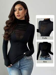 Rafferiza 优雅黑色长袖透视网纱拼接女式T恤高领休闲上衣外出 - 黑色 - 查看 2