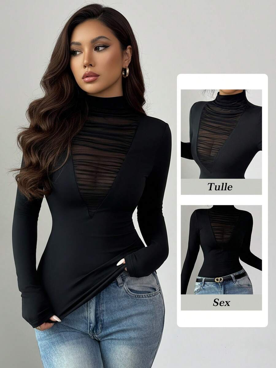 Rafferiza 优雅黑色长袖透视网纱拼接女式T恤高领休闲上衣外出