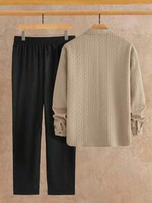 HIMLAND 男士字母印花长袖单排扣衬衫和抽绳腰裤休闲套装 - 彩色 - 查看 2