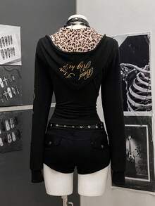 SHEIN Unity Áo nỉ họa tiết da báo vá phong cách Punk thời trang dạo phố dành cho nữ, Thu/Đông - màu đen - Xem 2