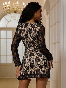 DAZY Women's Lace Sexy V-Neck Long Sleeve Mini Dress Prom Dress - Black - View 4