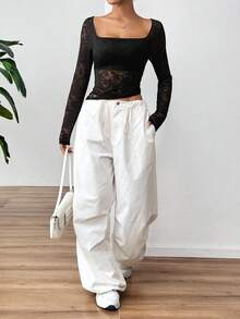 SHEIN EZwear 大码女式性感简约方领长袖纯色修身休闲衬衫，适合休闲、度假、情人节等场合。 - 黑色 - 查看 8