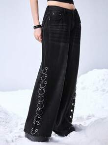 ROMWE Grunge Punk Relaxed Fit Grunge Distressed Vintage Oversized Cross & Vine Print Women Jeans - Black - View 5