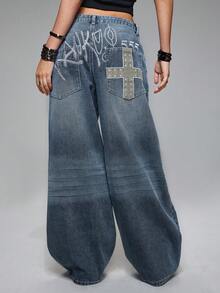 ROMWE Grunge Punk Y2K 别致字母与十字刺绣做旧宽松低腰阔腿女式牛仔裤