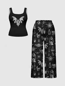 ROMWE Goth Conjunto de pijama de top sin mangas y pantalones con estampado de insectos y veneno de talla grande, ropa de estar en casa informal - Negro - Ver 1