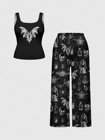 Goth Conjunto de pijama de top sin mangas y pantalones con estampado de insectos y veneno de talla grande, ropa de estar en casa informal