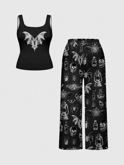 ROMWE Gothic Insect & Poison Print Plus Size Sleeveless Top And Pants Pajama Set, Casual Loungewear