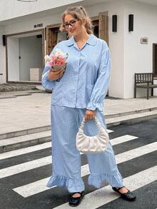 Lounesse 大码女式蓝色格子衬衫和裤子两件套 - 淺藍色 - 查看 4