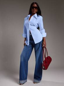 NYA SZN 长袖纽扣领宽松oversize日常休闲商务休闲基础款街头风办公室教师办公室低调秋冬衬衫，适合通勤 - 藍色 - 查看 3