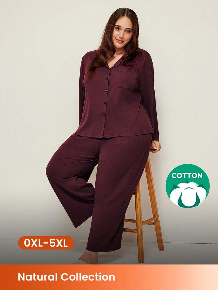 Pyjamas de Noël et du Nouvel An grande taille Femme Coton Doux Gaufré Boutonné Top Manches Longues et Pantalon Long Ensemble 2 Pièces Vêtements de Détente avec Poches Pantalon de Lingerie avec Poches Pyjamas d'Automne