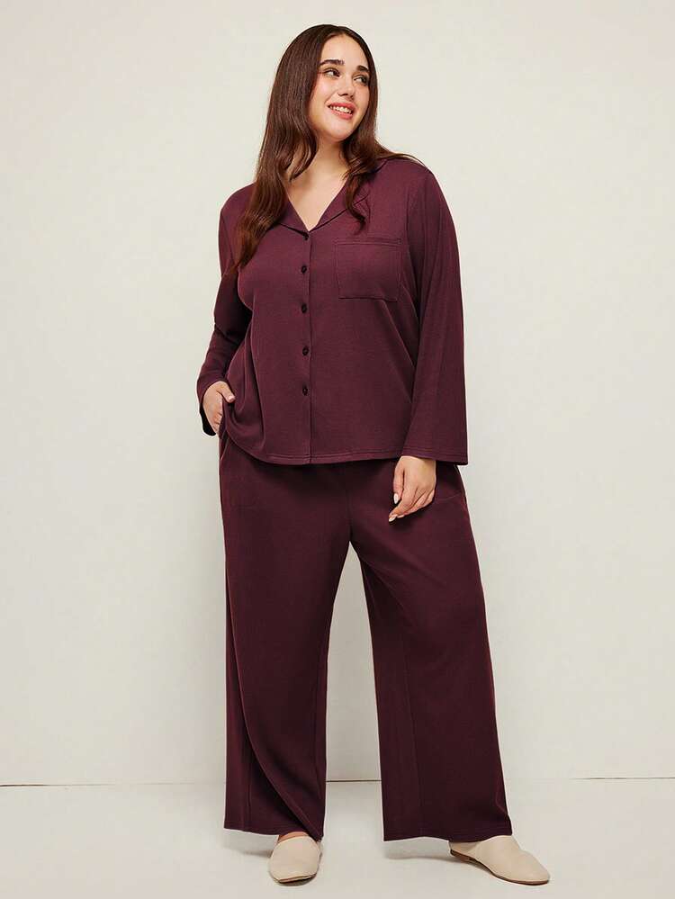 Pyjamas de Noël et du Nouvel An grande taille Femme Coton Doux Gaufré Boutonné Top Manches Longues et Pantalon Long Ensemble 2 Pièces Vêtements de Détente avec Poches Pantalon de Lingerie avec Poches Pyjamas d'Automne