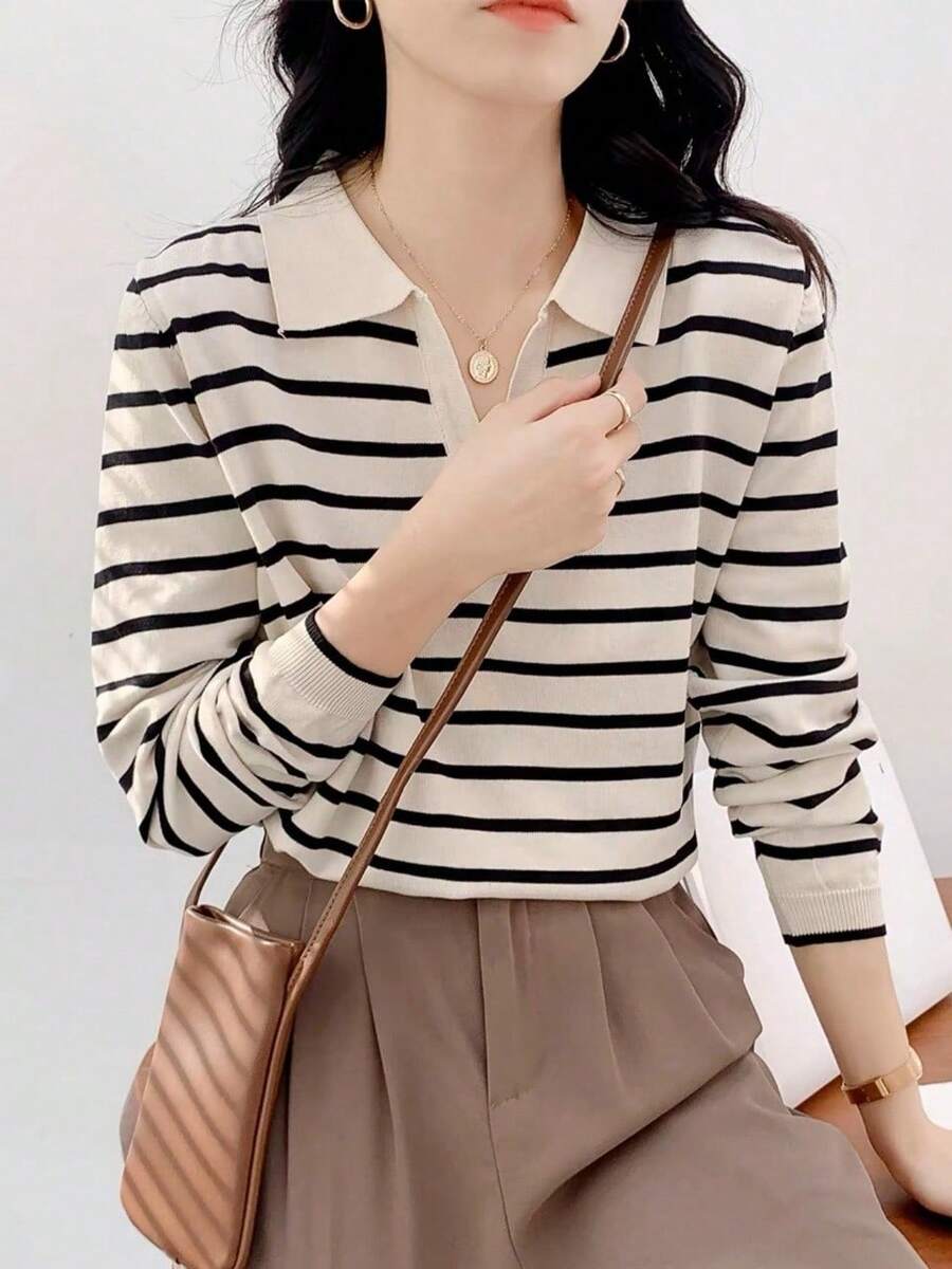 Blusa suéter para mujer manga larga cuello polo rayas beige negro casual dama cómoda suave ligera elegante otoño invierno oficina diario estilos acogedores de otoño&invierno blusas para mujer suéteres de mujer moda coreana básica moderna - Beis - Ver 1