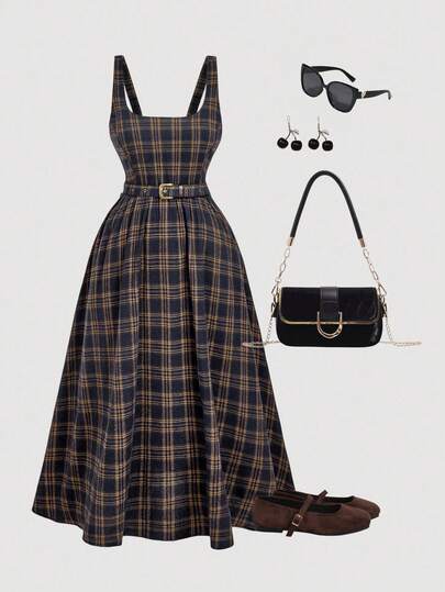 SHEIN MOD Plus Size Women's Brushed Plaid Slip Dress, Casual, Elegant, Suitable For School, Commute, Birthday Party,Plaid Strap Dress , Teacher Dress,Casual Dress,Fall Dresses,Long Dress, Retro Dresses For Woman, Cottage Core Dress, Vintage Dresses For Women, Plaid Dress Women