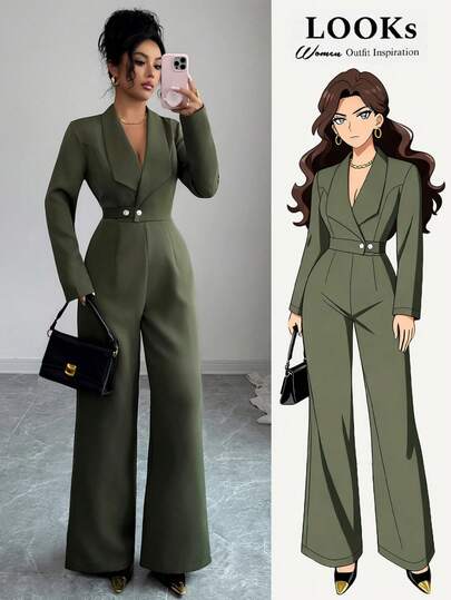 SHEIN Elenzya Women's Solid Color Luxurious High-End Jumpsuit, Lapel Design, Waist Pearl Button Decoration, Long Sleeve Wide-Leg Pants, Suitable For Daily Commute, Dining Out, Autumn/Winter/Spring